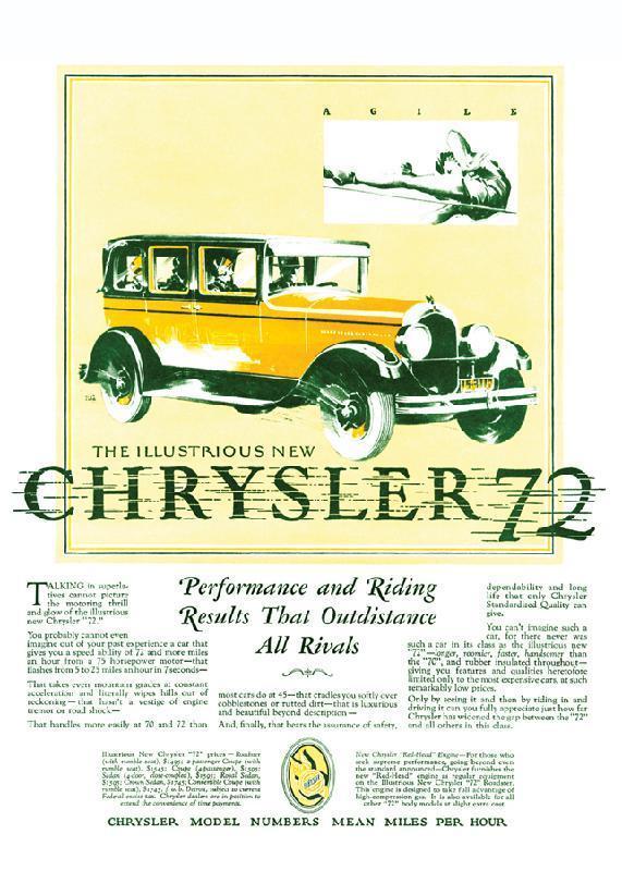 Chrysler 72 "Performance and riding results that outdistance all rivals", 1927