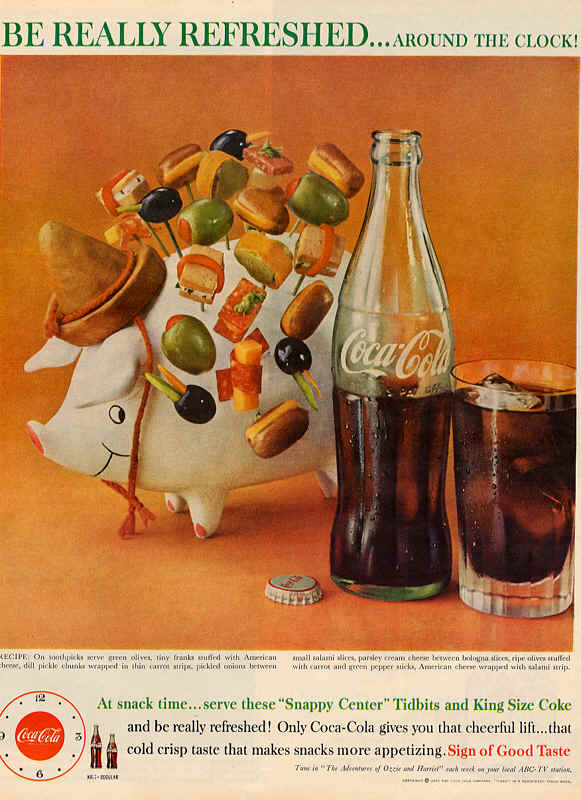 Serve these "Snappy Center" Tidbits and King Size Coke 1960