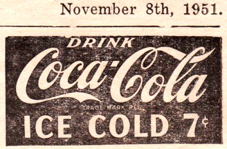 Newspaper ad from 1951, Coca-Cola for 7 cents