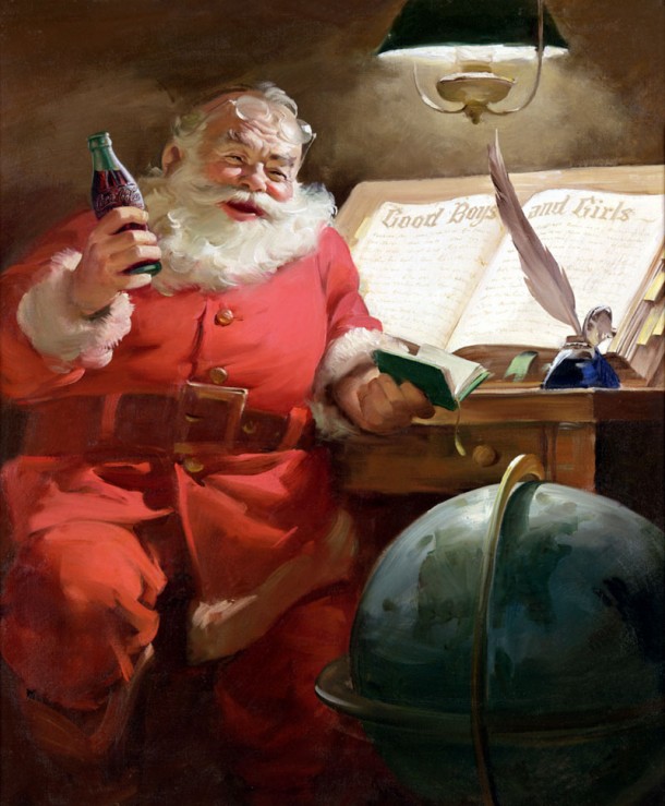 The Coca-Cola Santa Claus artwork from 1951 shows Santa reading a list of good boys and girls; there is no list of bad children.