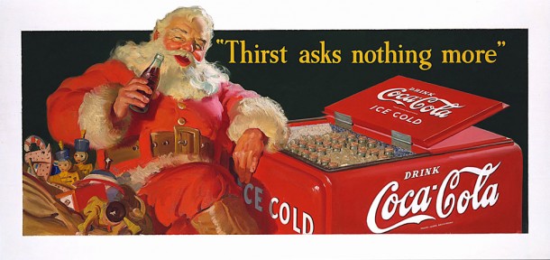 In the 1941 Coca-Cola holiday advertising, Santa relaxes next to a cooler typical of the time.