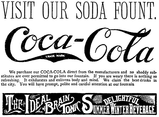 "Visit our soda fount" Coca-Cola ad 1894 for the Douglas, Thomas & Davison soda fountain in Atlanta.