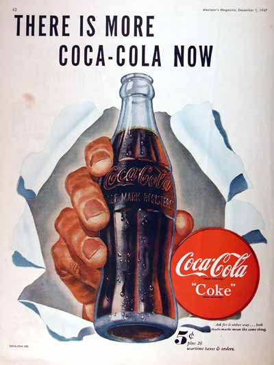 1947 Coca Cola advertisement. Illustrated in vibrant color. Includes 2Â¢ wartime tax special pricing.
