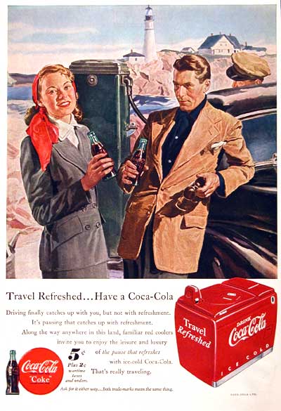 1949 Coca Cola advertisement. Illustrated in vivid color at the seaside with an ice cooler below. Price still included the 2Â¢ wartime tax.