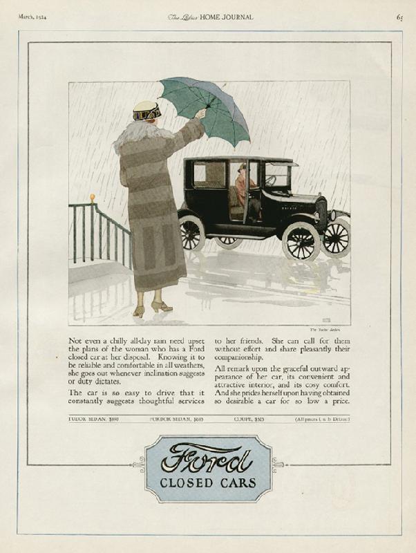 Not even a chilly rain need upset the plans of the woman who has a Ford closed car at her disposal, 1924