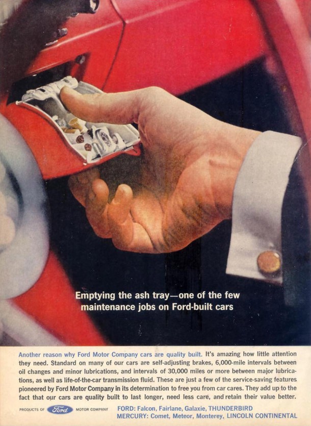 Emptying the ash tray... one of the few maintenance jobs on Ford built cars, 1962