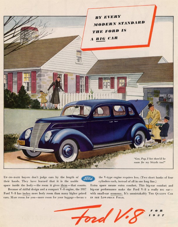 "By every modern standard the Ford is a big car", 1937