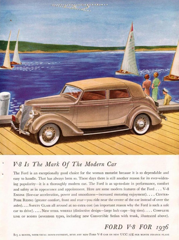 V8 is the mark of the modern car, 1936