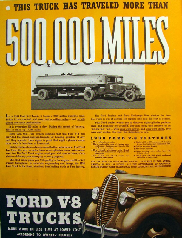 Ford V8 trucks "More work in less time at lower cost according to owners records", 1934