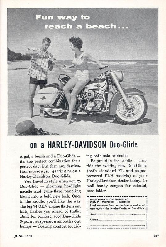 Fun way to reach a beach on a Harley-Davidson Duo-Glide, 1960