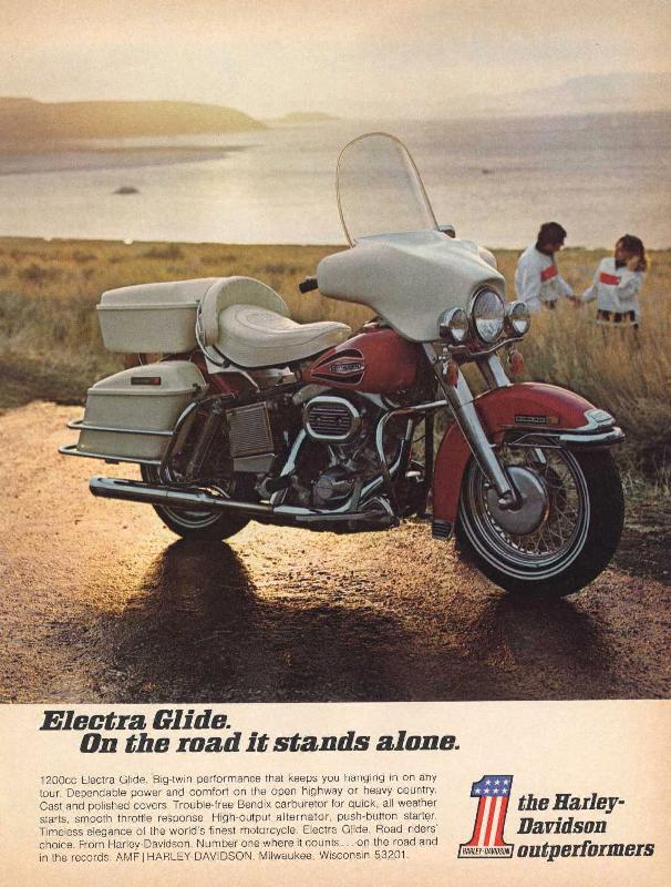 Electra Glide on the road it stands alone, 1971