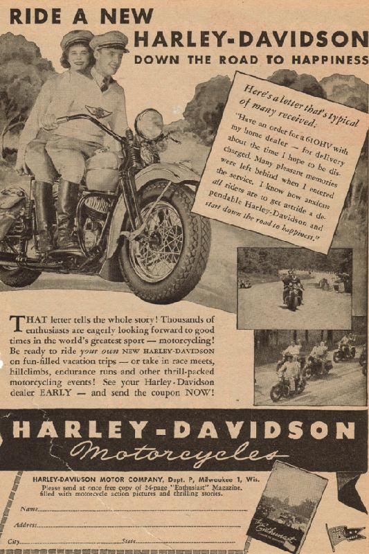 Ride a new Harley-Davidson down the road to happiness, 1946