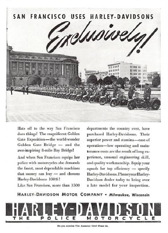 San Francisco uses Harley-Davidsons Exclusively, 1940