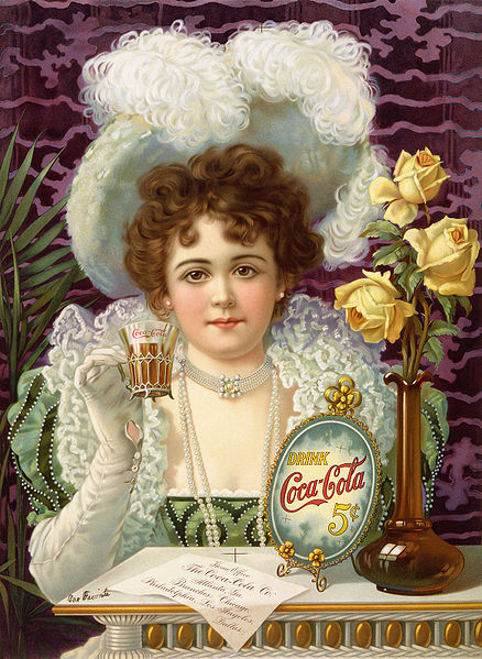 An 1890s advertisement showing model Hilda Clark in formal 19th century attire. The ad is titled Drink Coca-Cola 5Â¢.