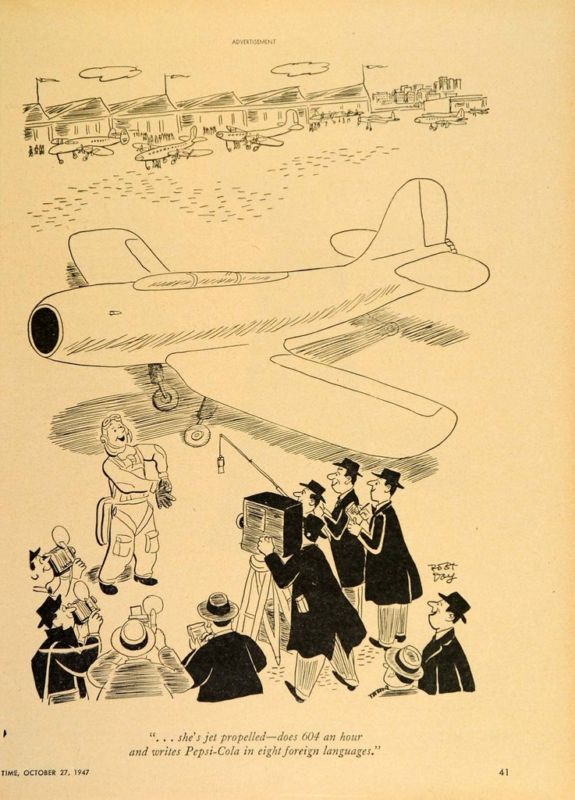 1947 Ad Pepsi Cola Robert Day Cartoon Pilot Plane