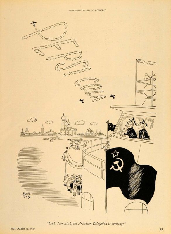 1947 Ad Pepsi Cola Robert Day Cartoon Russian Airport