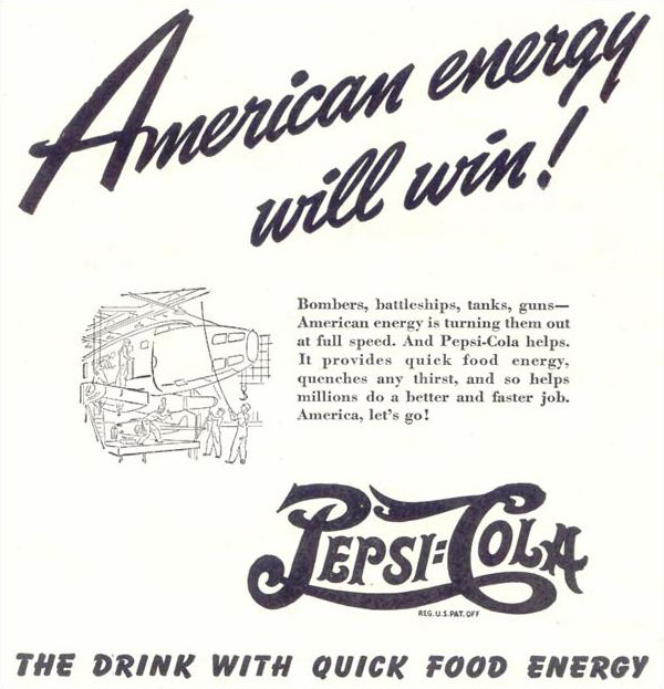 Pepsi-Cola "The drink with quick food energy" print ad 1942