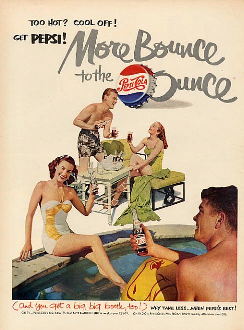 "Too hot? Cool off!" with two couples at a swimming pool 1951